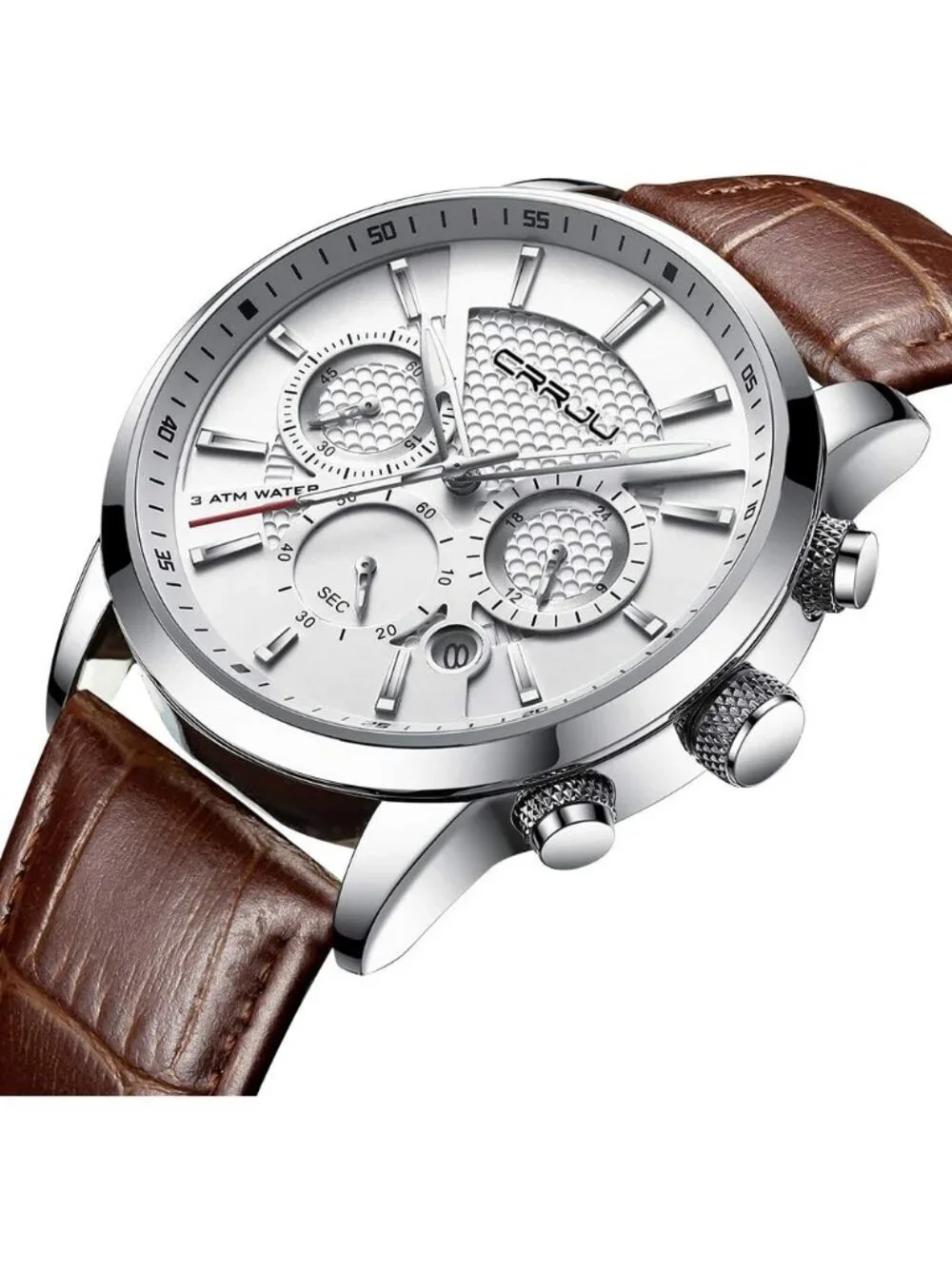 Men's Silver White Chronograph Leather Strap Quartz Waterproof Wrist Watch